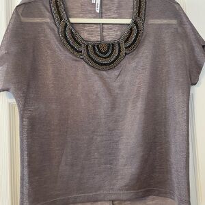 Studio Y Sheer Gray Blouse with Beaded Accent